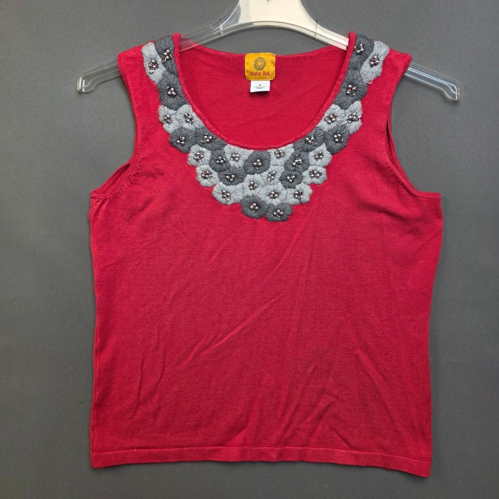 Ruby Rd. Tank Top Women's Floral Embellished Knit Shell Red Large